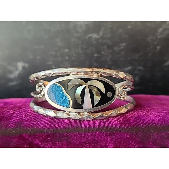 Alpaca Mexico Abalone Shell Beach Scene Cuff Bracelet Vintage - Picture 1 of 10